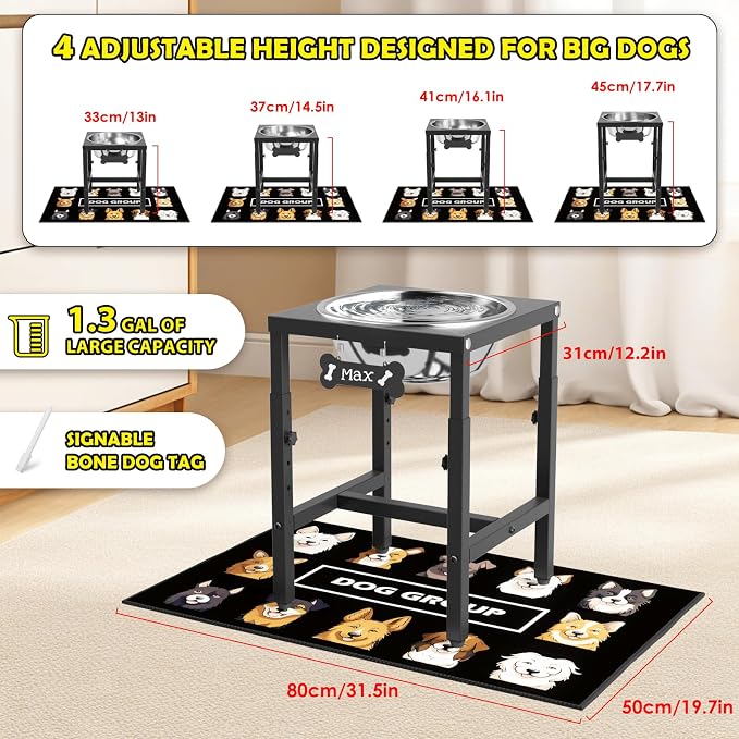 ADENGL 1.32 Gallon Elevated Dog Water Bowl for Large Dogs, 4-Height Adjustable (13–18'') Raised Stainless Steel Bowl with Spill-Proof Mat & Sturdy Metal Stand, Easy-Clean Feeder for Indoor/Outdoor Use - Image 3