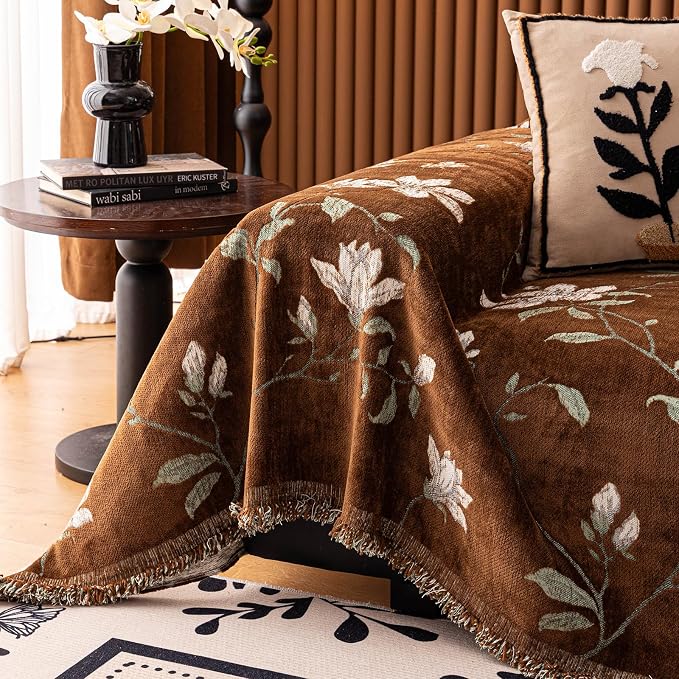STACYPIK Vintage Floral Couch Cover for Dog, Farmhouse Garden Breathable Sofa Covers for 2 Cushion Couch Chenille Jacquard Brown Pet Protector Slipcovers for Sectional, L Shape Loveseat Cover-71X118IN - Image 5