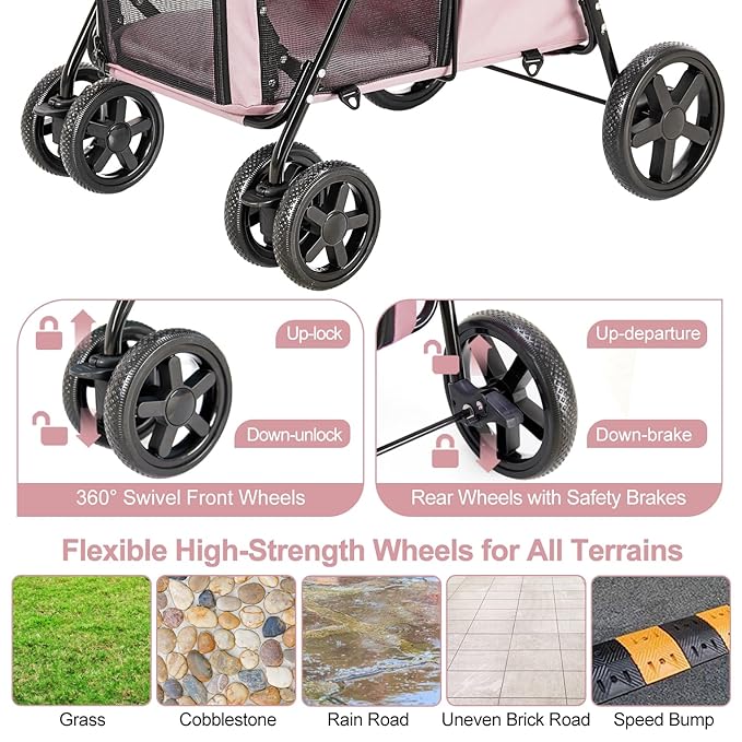 Double Pet Stroller for Dogs and Cats with 2 Detachable Carrier, Quick-Folding Dog Stroller for Medium Small Dogs Cats, 4 Wheels, Light Pink