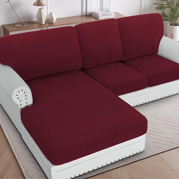 H.VERSAILTEX Sectional Couch Covers 6 Pieces Stretch Sofa Covers for Sectional Sofa Set Separate L Shaped Couch Cover for Both Left/Right Couch (Seat and Back: 1 Chaise + 2 Sofa, Burgundy) by HVERSAILTEX