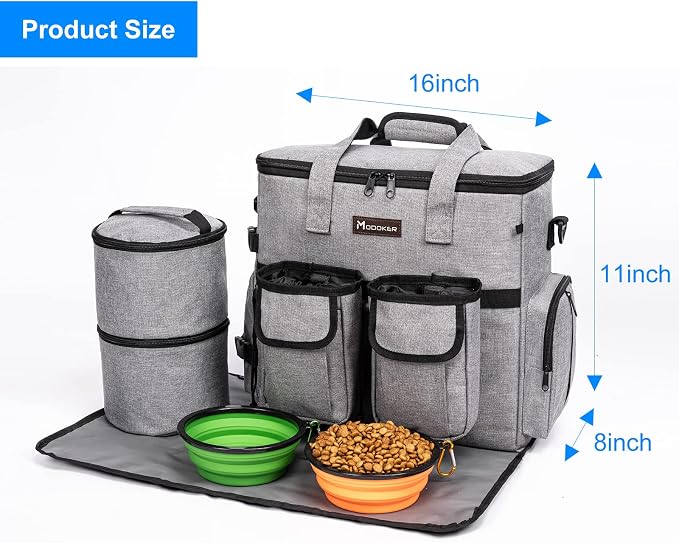 Dog Travel Bag, Airline Approved Pet Travel Bag with 2 Dog Treat Training Pouches for Weekend Pet Travel Supplies & Accessories, Light Grey | Dog travel accessories set with feeding supplies, bowls, mat, and strap. Ideal for weekend trips. - Image 2