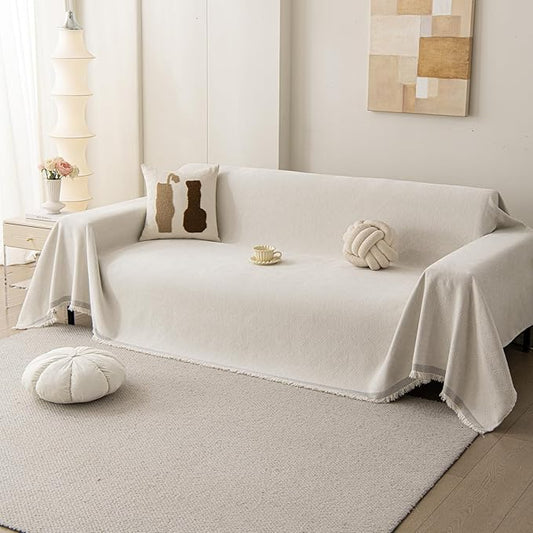 DREAMINGO Modern Chenille Couch Cover Blanket Washable Sofa Covers for 3 Cushion Couch Diamond Weave Textured Furniture Protector for Dogs Soft White Couch Throw Cover, X-Large 71"x134" by DREAMINGO