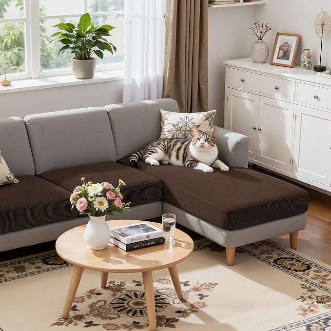 Hokway Chaise Cover and Couch Cushion Covers Set, Separate Sectional Sofa Cushion Slipcovers, Reversible Cushion Protector for L-Shaped Sofa(2 Pieces for Seater & 1 Piece for Chaise, Chocolate) - Image 3