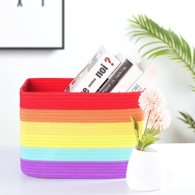 MINTWOOD Design 3-Pack Storage Baskets for Shelves, Playroom and Classroom, Book Basket, Decorative Storage Cube Bins, Woven Closet Organizers, Pantry and Shoe Organizer, Rainbow - Image 3