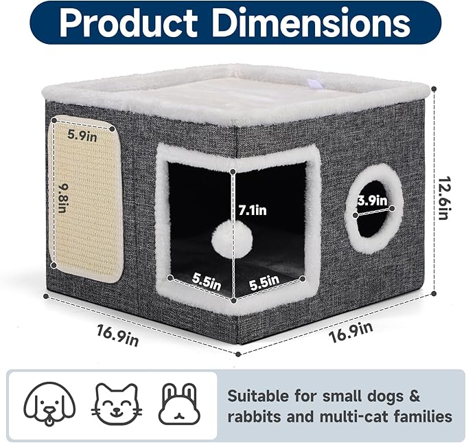 Shikha Cat House Bed for Indoor Cats with Fluffy Ball and Scratch Pad Grey | Foldable Large Cat Cave Hideaway with Cozy Condo, Hide and Seek Window, Holds Up to 30LBS, All Season Reversible Cushion - Image 2