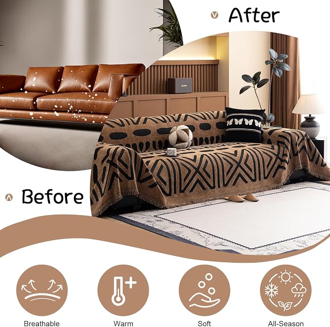 VClife Couch Cover Bohemian Morroccan Sofa Cover Washable Sofa Slipcover for 2 Cushion Couch Sofa Non Slip Soft Chenille Furniture Protector Modern Brown Black Slip Cover for Couch 71''x118'' - Image 4