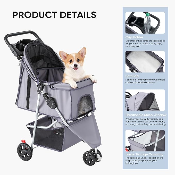 NEWBULIG 3 Wheel Pet Stroller for Dogs and Cats, Foldable, Lightweight and Durable, Ideal for Small to Medium Pets, Includes Storage Basket and Cup Holders