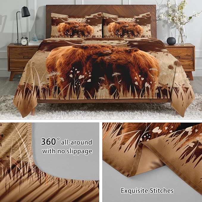 WeCozy King Size Bed Sheet Sets with Pillowcases, Highland Cow Animal Bull 4 Pcs Soft Microfiber Bedding for Kids and Adults, Farm Flat, Fitted Sheet for Bedroom Bed Decor - Image 5