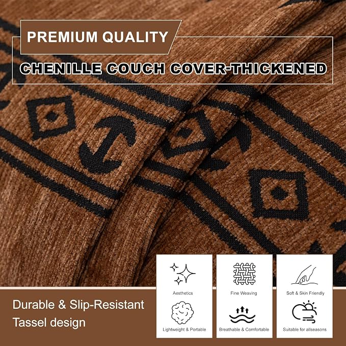 ROOMLIFE Dark Brown Couch Cover 3 Cushion Sofa, Washable Non Slip Furniture Sofa Protector Cover, Soft Chenille Sofa Slipcovers Sectional L Shape Dogs Couch Cover Throw Blanket with Tassels71''X150'' - Image 3