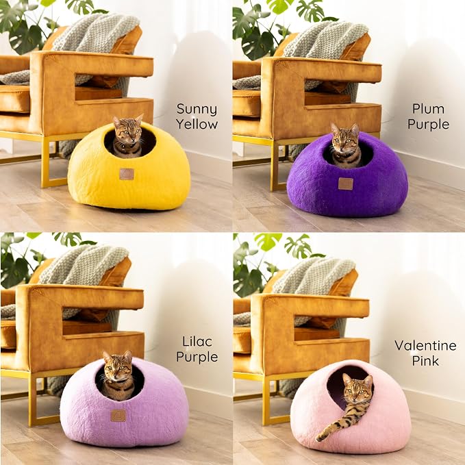 Best Aesthetic Cat Bed - Premium Felted Wool Cat Cave Bed - Cozy Peekaboo Round Cave for Large or Small Cats (Large, Sunny Yellow) - Image 7