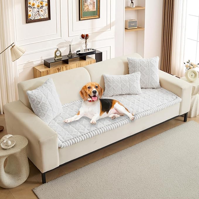HANDONTIME Fuzzy Plush Couch Covers for Dogs Pet-Friendly Sofa Cover with Jacquard Geometric Design Washable Pet Couch Covers Thick Non-Slip Sofa Protector for Dogs, Cats, Kids (White, 27.6" x 59.1") by HANDONTIME