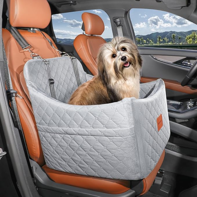 Dog Car Seat for Small/Medium Dogs up to 35 lbs, Memory Foam Pet Booster Seat with Detachable Washable Cover, Portable Pet Bed for Cars with Safety Belts and Storage Pockets(Grey, Medium) - Image 2