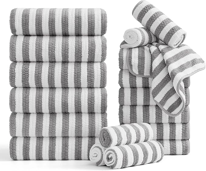 Smuge 18 Pcs Bath Towel Set, Include 6 Bath Towel Sheets, 6 Hand Towels and 6 Washcloths - Highly Absorbent Quick Dry Microfiber,Ultra Soft Bathroom Towel Set with Hanging Loop - Light Gray by Smuge