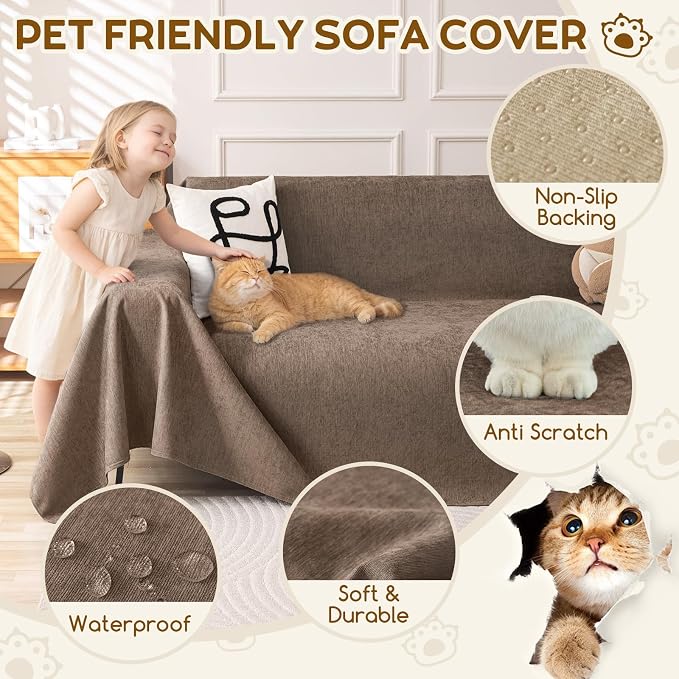 OstepDecor Waterproof Couch Covers for Pets, Couch Protector from Cat Claws | Washable Sofa Cover for Dogs, Non Slip Furniture Protector for Sofas, Loveseats & Sectionals, 71"x134", Brown - Image 3