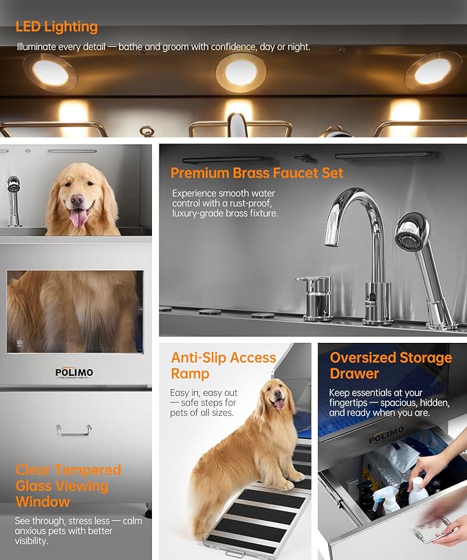 POLIMO Dog Washing Station, LED Professional Stainless Steel Dog Bathing Station 38", Dog Grooming Tub for Large, Medium & Small Dog - with Window, Ramp, Drawer, Floor Grate & Faucet (Left Ramp, 38") - Image 3