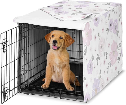 Sweet Jojo Designs 36in. Medium Dog Crate Cover (Purple/Grey Boho Floral) for Girls Pet Cage, Kennel Covers (Watercolor, Flower, Elegant Rose, Bohemian, Shabby Chic, Farmhouse, Nature, Lavender, Gray) by SweetJojoDesigns