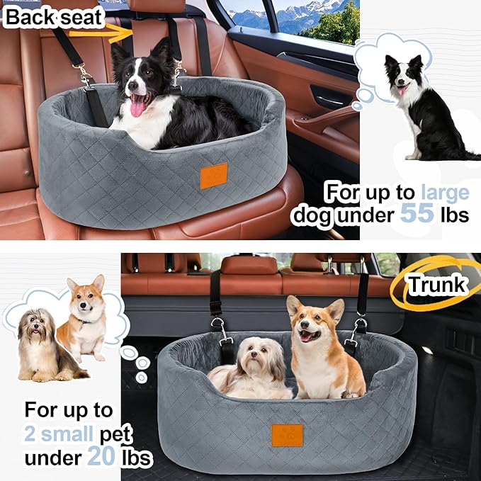 Dog Car Seat for Medium & Large Dogs up to 55 lbs, Elevated Booster Seat with Anti-Slip Base, Detachable & Machine-Washable Pet Car Bed for SUV/Sedan (Gray)