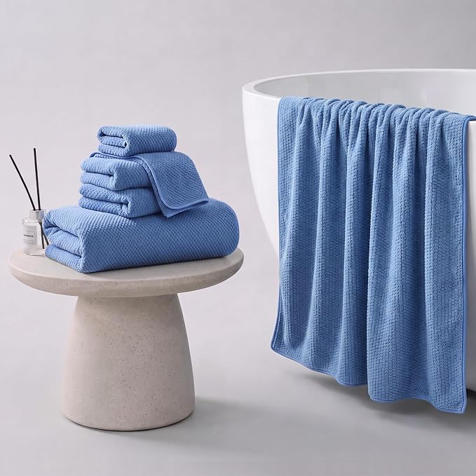 ecolook Microfiber Large Bath Towel Set of 6, Soft & Highly Absorbent, Blue | 2 Oversized Bath Towels (35"x70"), 2 Hand & 2 Washcloths | Quick Dry, Low Lint Towels for Bathroom, Spa, Gym, Hotel & Travel - Image 4
