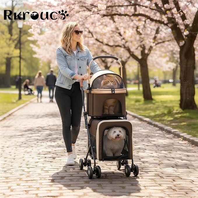 Foldable Double Pets Stroller for Dog Portable Cat Strollers for Small Medium Pet with Detachable Carriers Flexible Lockable Wheels Lightweight Dogs Jogger Strolling Cart Up to 77Lbs (Brown)