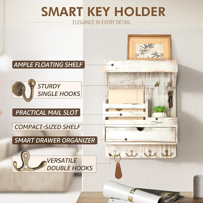 Rebee Vision Key Holder Wall Mount with Drawer for Home Decor, Whitewash | Pine Wood, Key Holder for Wall, 6 Rustic Hooks, Floating Shelf, Drawer Organizer, Mail Organizer, Chic Home Decor, Storage - Image 5