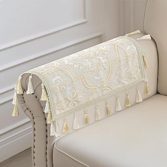 Loom and Mill Luxury Elegant Sofa Arm Covers 2 PCS, Beige Gold, 20x24in | European Damask Floral Couch Armrest Cover with Tassels, Non-Slip Furniture Protector for Chair Sofa Recliners Couch Dogs Pet - Image 5