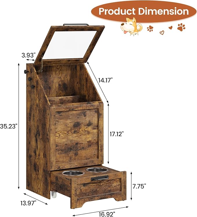 Dog Feeding Station, with Pet Feeding Station,Flip Top Dog Food Storage Cabinet, 2 Elevated Bowls, Includes 3 Hooks for Accessories – Space-Saving Design, Brown - Image 3