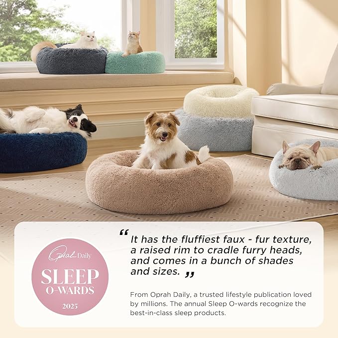 Bedsure Calming Cat Beds Donut Round Washable Kitten Bed,20 inches Purple | Fluffy Faux Fur Cuddler,Machine Washable,Anti-Slip Bottom,Anti-Anxiety,Deep Sleeping for Cats&Small Pets Up to 15 Lbs - Image 2