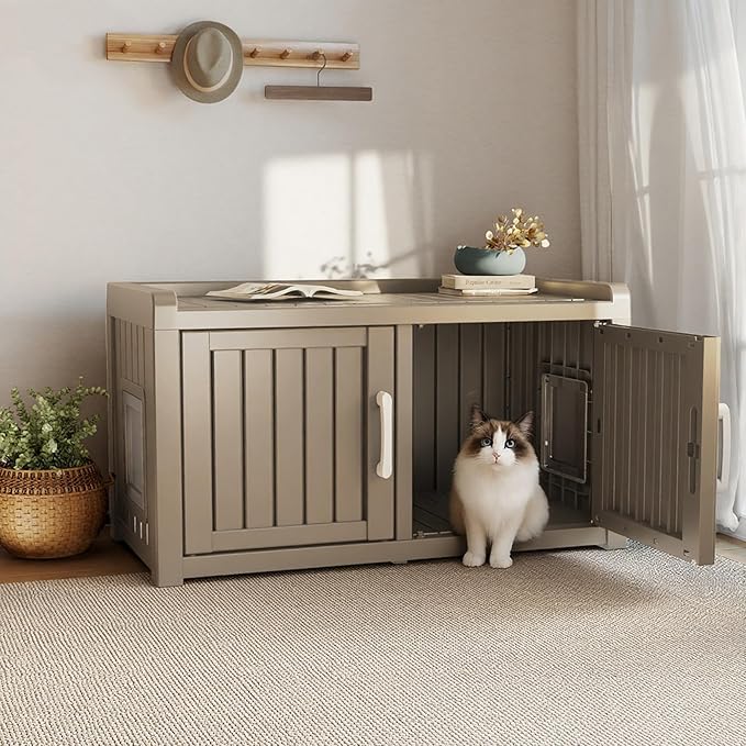 Cat Litter Box Enclosure Resin Hidden Cat Litter Box Furniture Multi-Functional Double Door Spacious Odorless Waterproof UV-Resistant Indoor Outdoor Use Grey - Image 2
