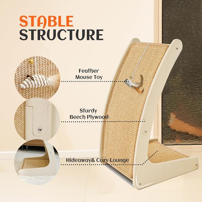 PETKARAY Cat Scratcher, Sisal Cat Scratch Pad, Curved Scratching Board for Indoor Kitty, Floor Mounted Scratcher with Mouse Toy Catnip - Image 3