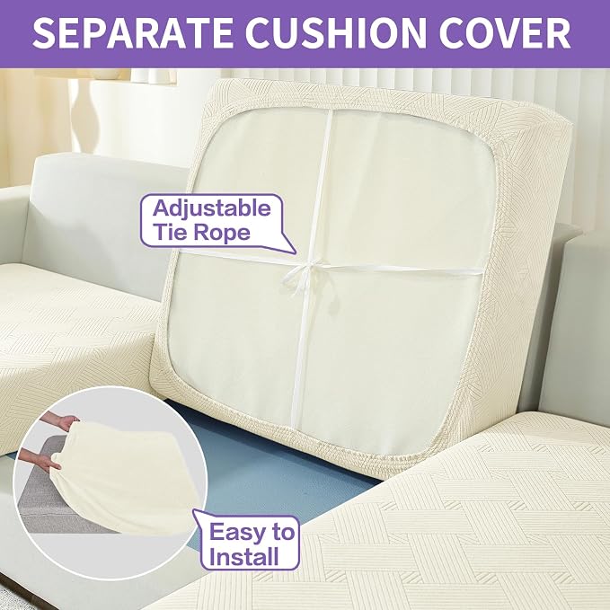 ZNSAYOTX 3 Piece Stretch Loveseat Covers (55"-69"), Thick Striped Sofa Covers for 2 Cushion Couch with Elastic Band Bottom Ties Non-Slip Stay in Place, Soft Durable Love Seat Slipcovers, Beige - Image 4