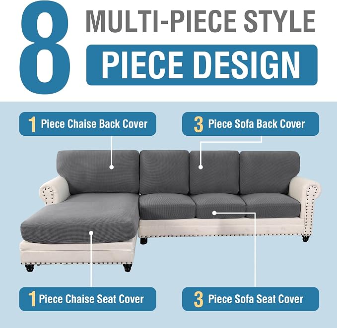 H.VERSAILTEX Sectional Couch Covers 8 Pieces Stretch Sofa Covers for Sectional Sofa Set Separate L Shaped Couch Cover for Both Left/Right Couch (Seat and Back: 1 Chaise + 3 Sofa, Grey) - Image 3