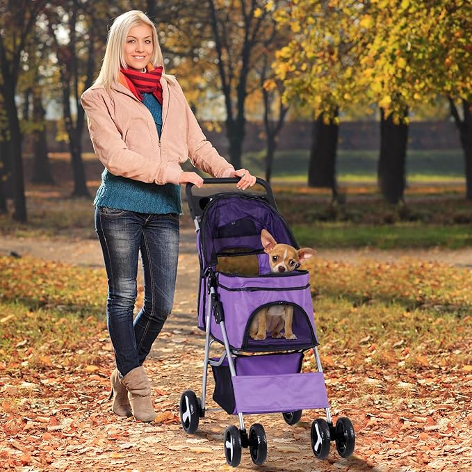 Pet Stroller 4 Wheels Dog Cat Stroller for Small Medium Dog Cats Carrier Jogger Travel Foldable Puppy with Storage Basket and Cup Holder (Purple)