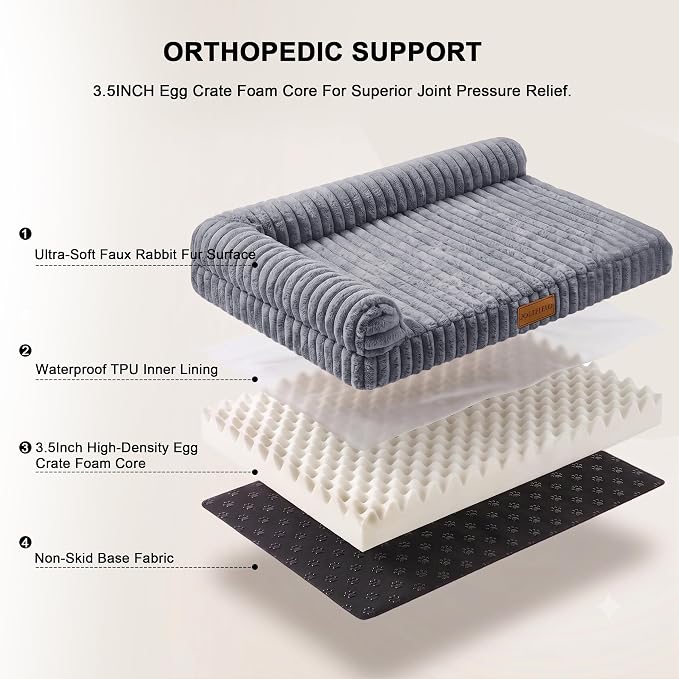 Orthopedic Calming Large Dog Bed Pet Sofa Bed 42''X28'' Grey | 2-Sided Pet Couch Large Sized Dog, Soft Egg-Crate Foam Dog Mat, Waterproof Removable Washable Cover, Nonskid Bottom Cat Bed - Image 6