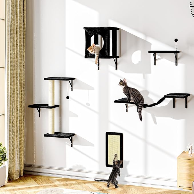 Cat Wall Shelves, 10-in-1 Wall-Mounted Cat Furniture Set | Large Cat Climber Set with House, Bridge, Steps, Scratcher, DIY Playground, Shelves for Indoor Wall Furniture Set - Black - Image 6