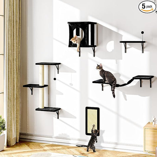 NUNU LAB Cat Wall Shelves Set, 5 Pcs Wall-Mounted Cat Climber with Cat House, Bridge, Scratching Post, Hammock, Wall Shelves, Black by NUNULAB