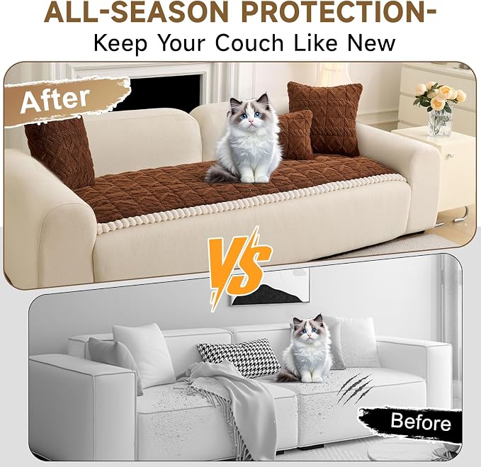 OTOB All Season Couch Cover for Dogs Washable, Geometric Jacquard Non Slip Soft Fuzzy Pet Couch Covers for 3 Cushion Couch, Cozy Plush Sofa Slipcovers Protector Dog Mat (Dark Coffee, 27.6" x 82.7") - Image 2