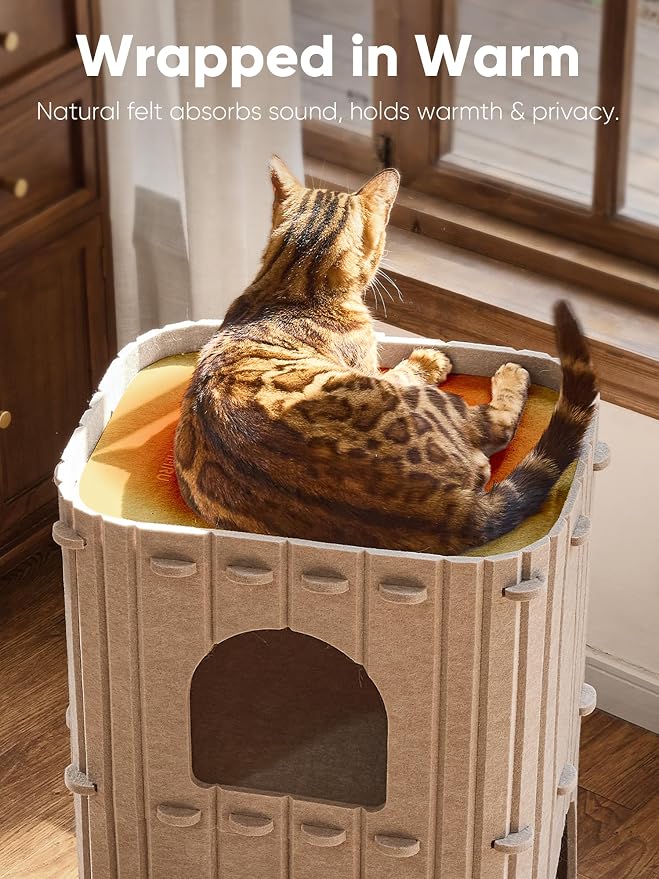 FUKUMARU Cat House for Indoor Cats, Warm Felt Cat Bed, Scratch Resistant | Large Cat Bed Cave, 3-in-1 Cat Condo, Cozy Felt Covered Cats Tunnel, 23.62 Inch Kitten Hideaway for Multicats, Beige - Image 5