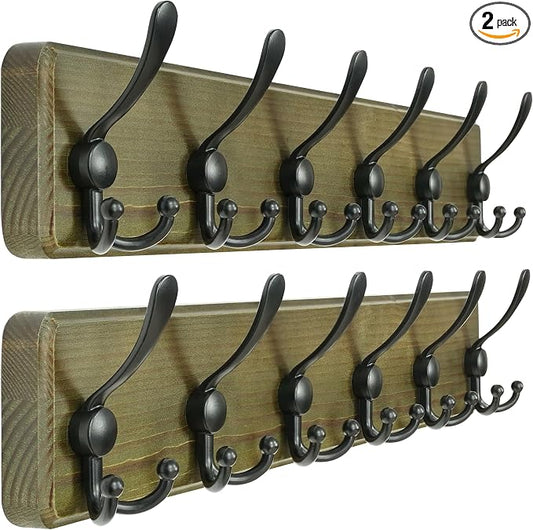 Dseap Coat Rack Wall Mounted - 24" Long 6 Tri Hooks, Heavy Duty Wooden Wall Coat Hanger Coat Hook for Clothes Hat Jacket Clothing, Weathered Green and Black, Pack of 2 by Dseap