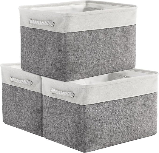 TheWarmHome Organization and Storage Basket for Organizing - 3 Pack 16x12x12 inch Cube Storage Bin Fabric Storage Cubes for Organizer Cloth Gift Toy Closet (White & Grey) by TheWarmHome