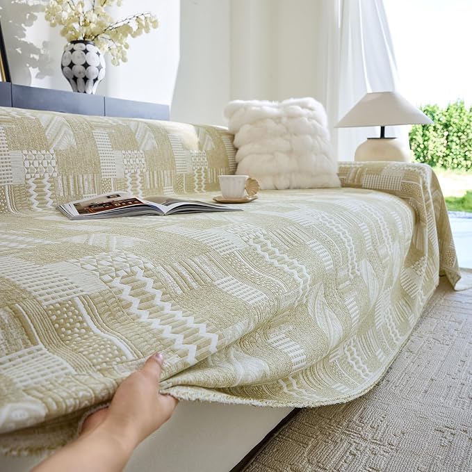 DREAMINGO Vintage Patchwork 3-Layer Gauze Geometric Jacquard Sofa Cover, Farmhouse Couch Cover Blanket for 2 Seater, Living Room Washable Furniture Protector, Straw Yellow, 91"x118" - Image 3