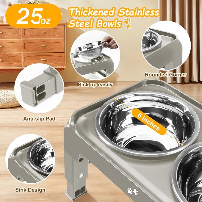 Elevated Dog Bowls for Small Dogs 3 Height Adjustable Raised Dog Bowl Stand with 25oz Stainless Steel Food Bowls Anti-Slip Small Dogs Feeder Adjusts to 7.5", 6", 2.75", Light Brownish Gray - Image 4