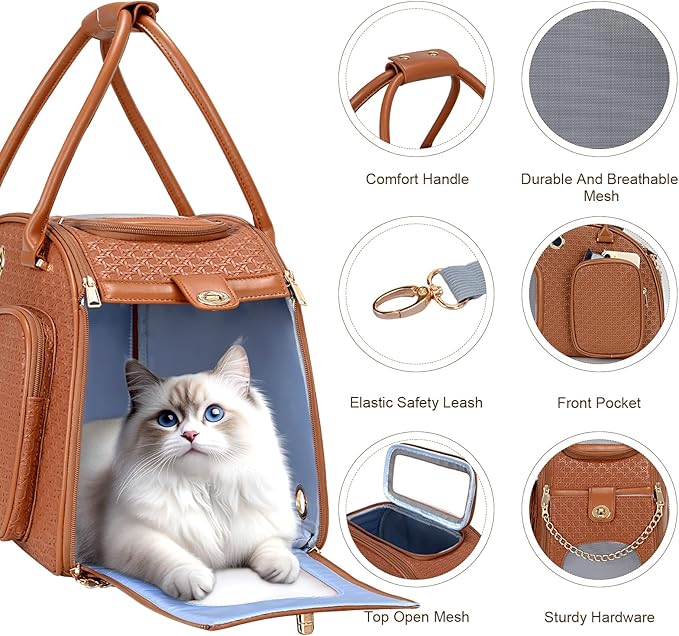 Stylish Luxury Dog Carrier Purse for Small Dogs, Ventilated Pet Soft-Sided Dog Cat Carrier Travel Tote Bag for Puppies Small Animals with Pockets (Brown, 16.9inch x 9inch x 11.8inch(LxWxH))