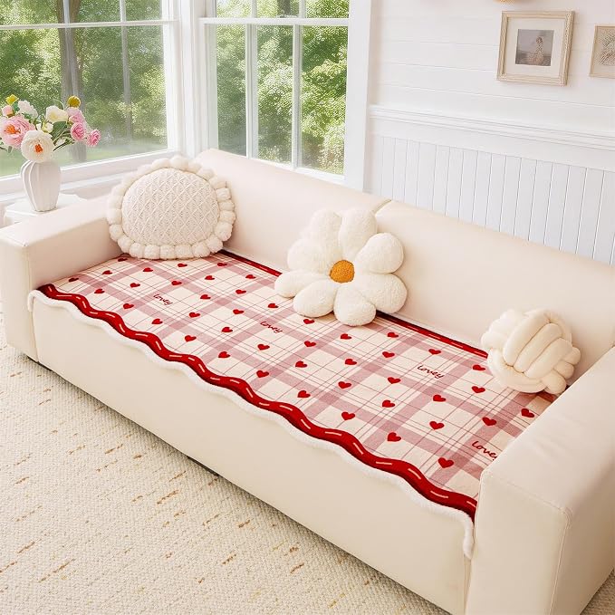 Cmfshape Valentine's Day Velvet Sofa Slipcover-Romantic Heart Pattern,Pet Friendly Couch Covers for 3 Cushion Sofa,Washable Sofa Protector for Holiday,Lover,Anti-Slip,82.7"x27.6" by cmfshape-quiltset