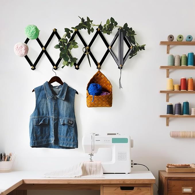 SKOLOO Accordion Wall Hanger with 16 Hooks, Modern Expandable Coat Rack Hat Rack for Wall, Solid Wooden, Natural on Black - Image 5