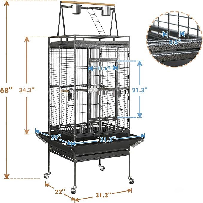 SUPER DEAL 68-inch Large Bird Cage with Rolling Stand African Grey Parrot Chinchilla Finch Cage Conure Cockatiel Cockatoo Pet House Wrought Iron Birdcage, Black - Image 5