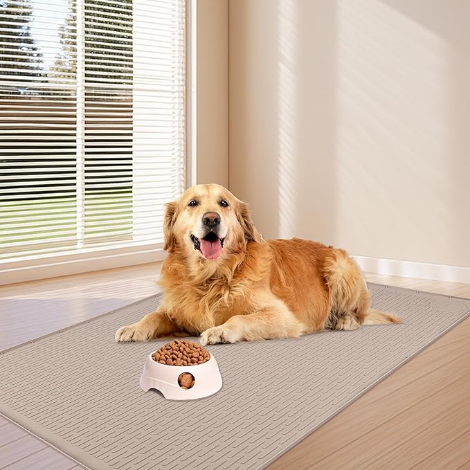 Dog Food Mat 57''x40'' Extra Large Dog Mat for Food and Water, Khaki | Silicone Dog Bowl Mat with Raised Edge, Waterproof Non-Slip Pet Feeding Mat for Floors, fit for Dog Cat Bowls - Image 6