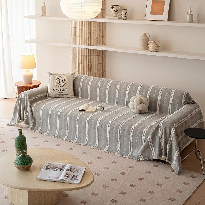 VClife Chenille Sofa Cover Bohemian Striped Pattern Couch Cover for 3 Cushion Sofa - Gray Creamy White Textured Sofa Slipcover Washable Furniture Protector for Couch Decorative Couch Cushion Cover - Image 3
