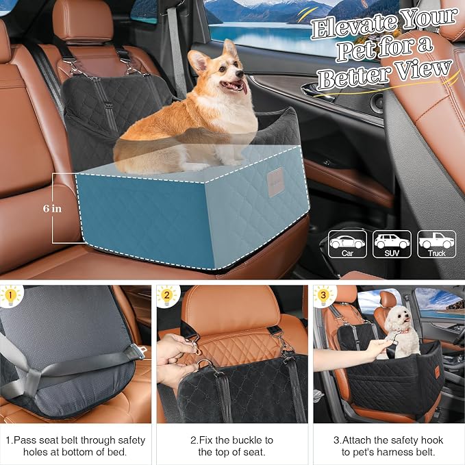 Small Dog Car Seat, Memory Foam Dog Booster Car Seats with Thick Cushion for Medium Dogs Under 35lbs, Detachable Washable Pet Seat with Storage Pockets,2 Safety Belts (Black, Medium) - Image 6