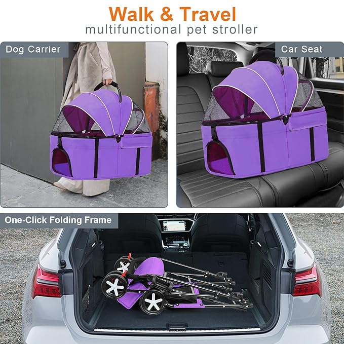 3 in 1 Pet Dog Stroller for Small Medium Dogs 10-50 lbs, Foldable Cat-Strollers for 2-Cats with Removable Carrier, Pet-Strollers for Cats with Storage Bag, Small Puppy-Stroller, Dog-Cart (Purple)
