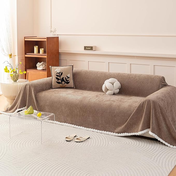 Brown Striped Chenille Sofa Cover for Sectional with Pom Pom Trim, Non Slip Couch Cover for Pets Washable, Soft Couch Protector for 3 Cushion Couch Boho Cute Throw Blanket for Living Room-71X150IN - Image 2